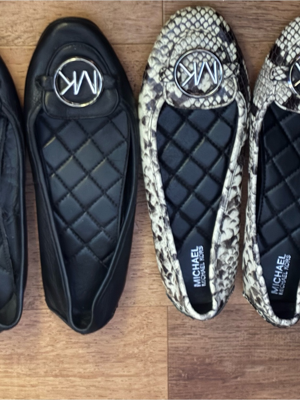 Michael Kors Black and Snake-Print Quilted Logo Ballet Flats 2 pairs